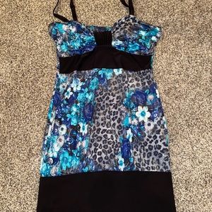 Skin tight blue dress with flowers and leopard print